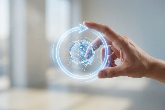 Businessman touching circular digital interface, data refresh concept, virtual processing system, technology innovation, network synchronization