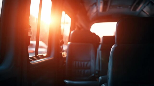 Empty interior of minibus during sunset on urban street. Travel concept with vacant leather seat in shuttle bus. Transportation for commuter in glowing sunlight.