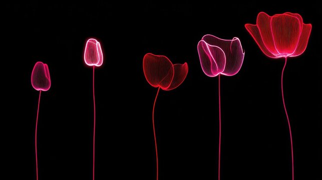 Five radiant floral outlines display progressive stages of opening against a deep black background.