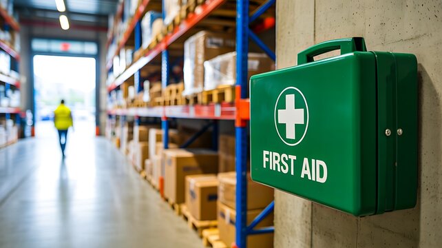 First aid kit box in warehouse aisle workplace safety emergency medical equipment concept 