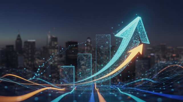 Upward growth arrow over futuristic city skyline