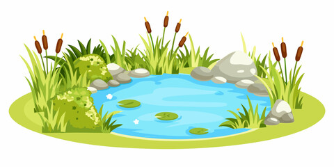 cartoon pond with blue water rocks and green vegetation © Nripen