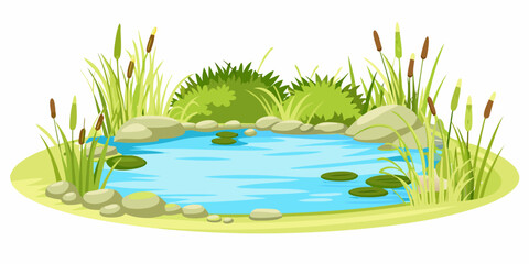 Cartoon pond with blue water and green vegetation © Nripen