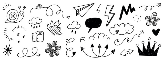 Hand drawn doodle set featuring a snail paper airplane lightning bolt speech bubble clouds flowers heart crown and various arrows on a white background in a simple black ink style © Rajesh