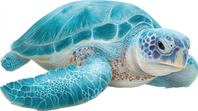 Vividly colored marine reptile displays striking blue and white textures on a stark background