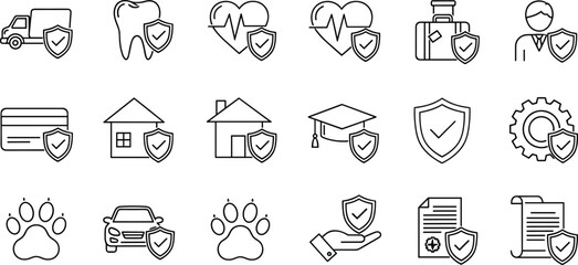 Fototapeta premium Insurance Icon Set with Health, Home, Car, Life, Pet, and Education Coverage Symbols for Finance and Protection Design Projects