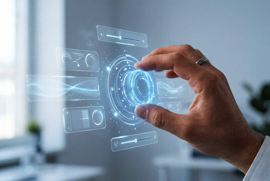 Businessman adjusting digital control interface, futuristic technology concept, virtual dashboard interaction, data control system, innovation and smart technology
