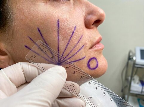 Beautician marks skin with lines and circle on woman's cheek and jawline.