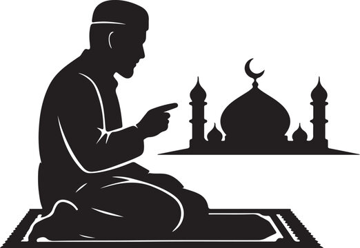 Muslim Man Sitting in Prayer Pointing Gesture Silhouette with Mosque, Islamic Salah Position

