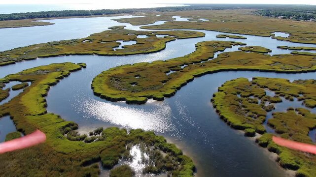 Aerial View of Winding River Through Marshland Landscape.