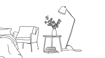 Fototapeta premium Minimalist line drawing illustrates a cozy reading nook adjacent to a sleeping area