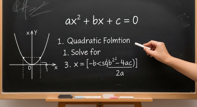 Hand Writing Quadratic Formula on Classroom Blackboard with Graph.