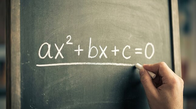 Hand Writing Quadratic Equation on Classroom Chalkboard.