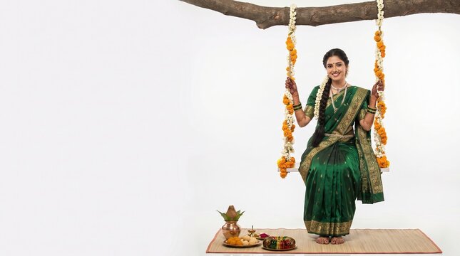 Beautiful Indian Woman Celebrating Hariyali Teej Festival on Swing with Mehndi and Puja Items Isolated on White Background