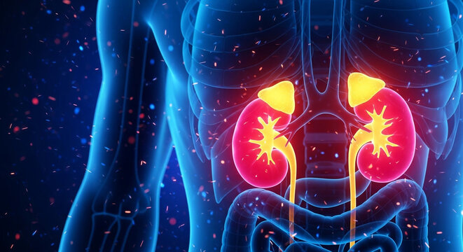human body with glowing red kidneys and yellow ureters