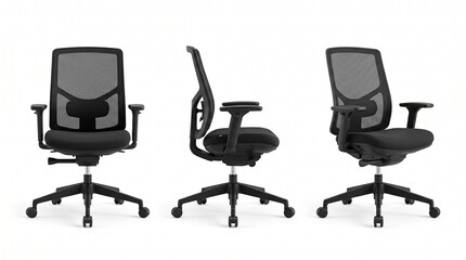 Obraz premium Three modern ergonomic office chairs displayed in various perspectives provide comfortable seating solutions for professional workspaces and home offices.