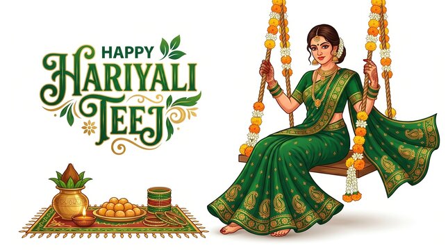 Beautiful Indian Woman Celebrating Hariyali Teej Festival on Swing with Mehndi and Puja Items Isolated on White Background