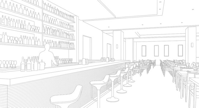Modern restaurant bar interior architectural line drawing sketch