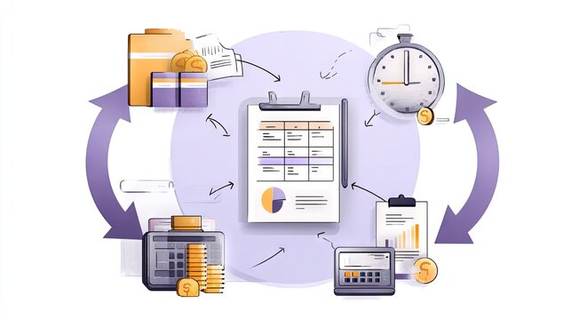 Business process workflow illustration with charts and time management
