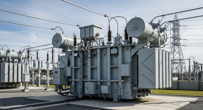 Electrical substation with large gray transformer and power lines