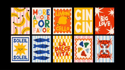 Summer typography posters set in playful retro style. Bright cards with fruits, quotes and bold graphics for wall decor, branding and seasonal design © cutemole