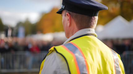 Obraz premium Rear view of a security personnel in a high-visibility vest and hat, overseeing a crowd at an outdoor event during autumn