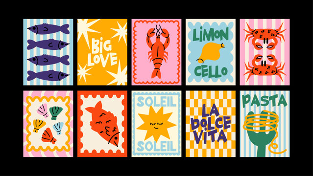 Italian typography posters set in retro cartoon style. Mediterranean food, seafood and slogan cards for kitchen decor, restaurant branding and wall art prints