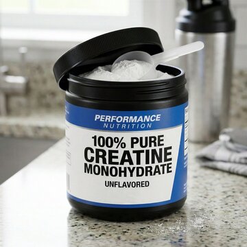 Open creatine monohydrate supplement container with powder on kitchen counter fitness concept