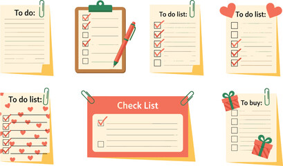 Naklejka premium Cute Cartoon To-Do List and Checklist Notepad Set with Clipboard, Shopping List, and Task Planner for Productivity and Organization Design Projects