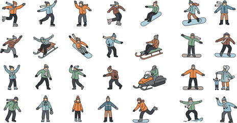 Fototapeta premium Winter Sports and Activities Icon Set with Kids and Adults Skiing, Snowboarding, Sledding, and Snowmobiling for Seasonal Design Projects