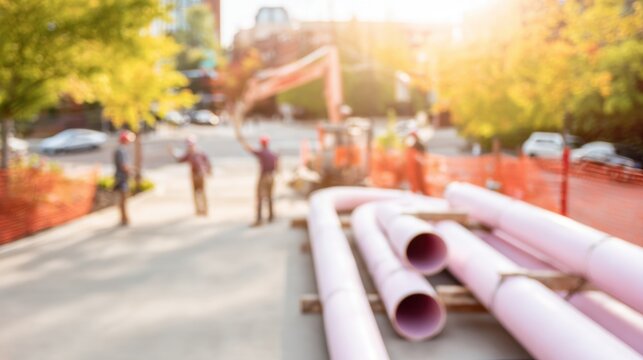 Workers are busy at a construction site during late afternoon sunlight