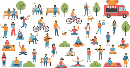 Fototapeta premium Outdoor City Park People Scene Set with Picnic, Cycling, Guitar, Yoga, Dog Walking, and Food Truck Flat Design Vector Illustrations