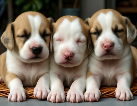 Three adorable newborn puppies sleeping peacefully together with tan and white fur