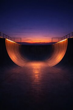 Skatepark Halfpipe Ramp at Sunset, Urban Extreme Sport Skating Recreation, Twilight Dusk Gradient Horizon, Architecture Lifestyle Background