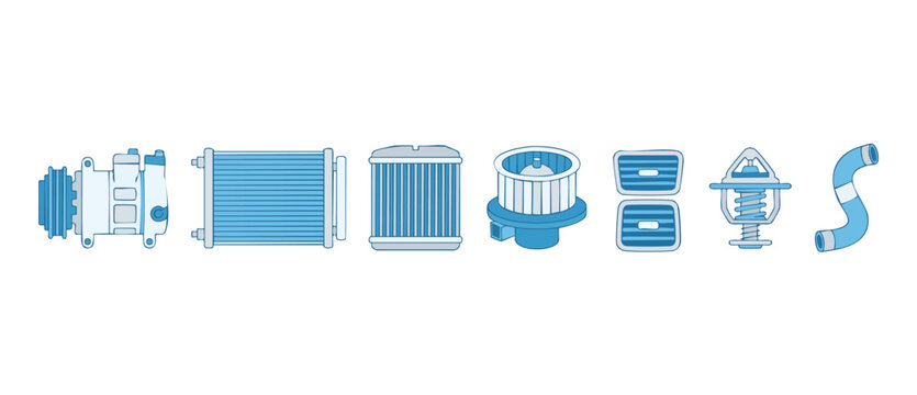 Car Air Conditioning Parts Icon Set, Automotive AC Compressor Condenser Fan Evaporator Heater Core Thermostat Hose, Repair and Maintenance Technical Vector Illustration Isolated on White Background fo