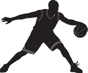 Black silhouette of a basketball player dribbling a ball, dynamic pose, white background, also transparent background © BeCoolOk