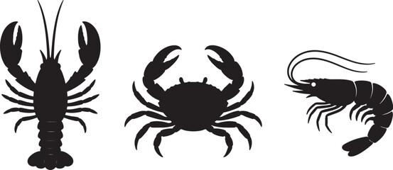Black silhouette of a lobster, crab, and shrimp on a white background, also transparent background seafood © BeCoolOk