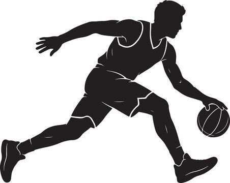 Black silhouette of a male basketball player dribbling a ball in motion, isolated on white background, also transparent background