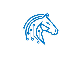 Blue horse head logo with digital circuit board mane © Nur