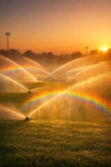 Naklejka premium Irrigation Sprinkler System Spraying Water on Landscape Lawn at Golden Hour Sunset, Agriculture Farming Sustainability and Water Conservation with Beautiful Rainbow