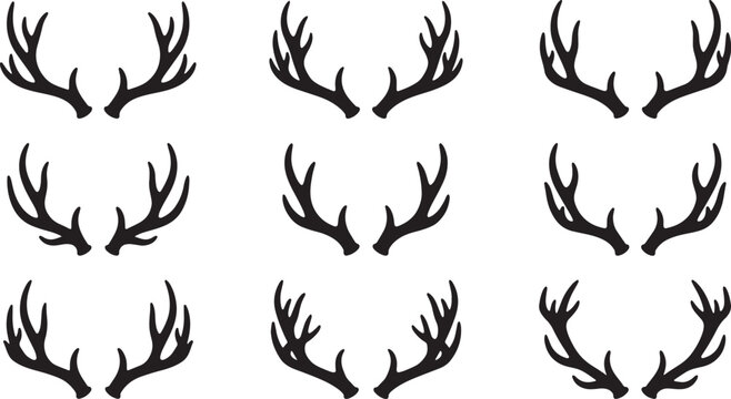 Nine black silhouette deer antlers arranged in a 3x3 grid on a white background, also transparent background