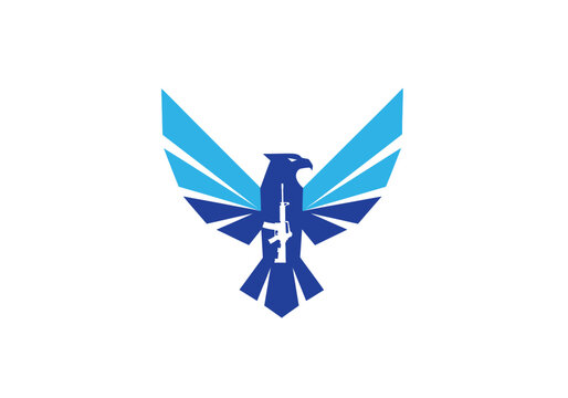 Blue eagle emblem with assault rifle silhouette on white background