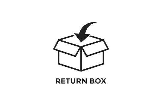 Vector icon of an open cardboard return box with a downward curving arrow symbolizing product returns, package drop-off, shipping, logistics, e-commerce, customer service, refund processes, online sho