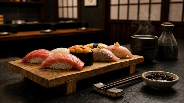 Premium nigiri sushi set with fatty tuna, uni, and fresh fish on a wooden platter in a traditional Japanese restaurant setting.