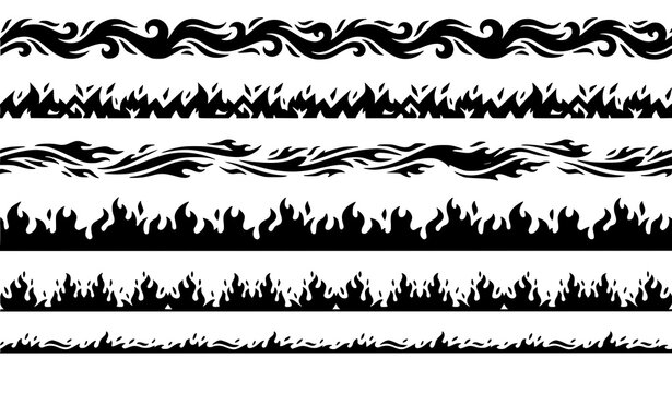 Trendy fire border seamless vector bundle with flame line and burning edge pattern set