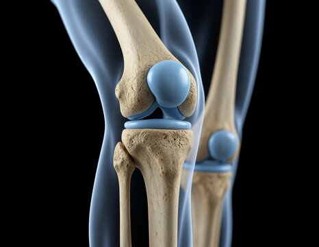 Detailed 3D medical illustration of human knee joint anatomy with bones and cartilage