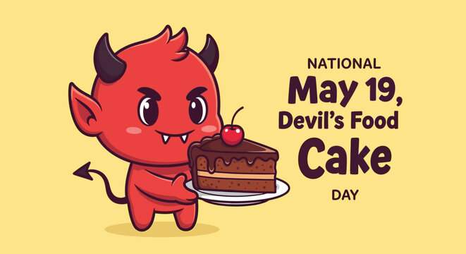 Cute devil mascot holding devil's food cake on National Devil's Food Cake Day vector illustration