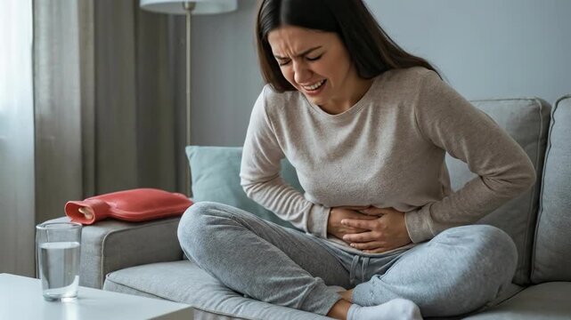 Woman endure ailment: bladder ache, urinary discomfort, pelvic distress, infection symptom, internal inflammation, body illness, abdominal cramp, unwell feeling.