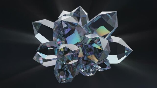 Luminous multifaceted crystalline formation refracts vibrant spectral light creating an enchanting ethereal glow against a dramatic moody atmospheric shaded setting