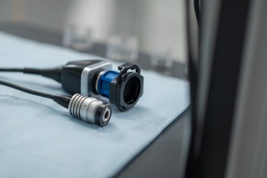 Professional endoscopic equipment on medical table